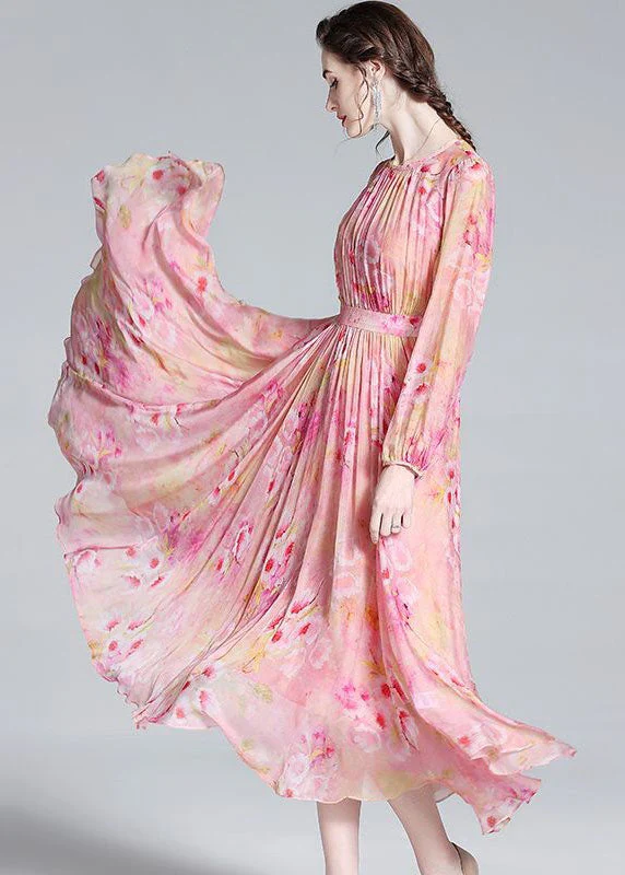 Pink Print Patchwork Silk Dresses O Neck Wrinkled Summer - Image 4