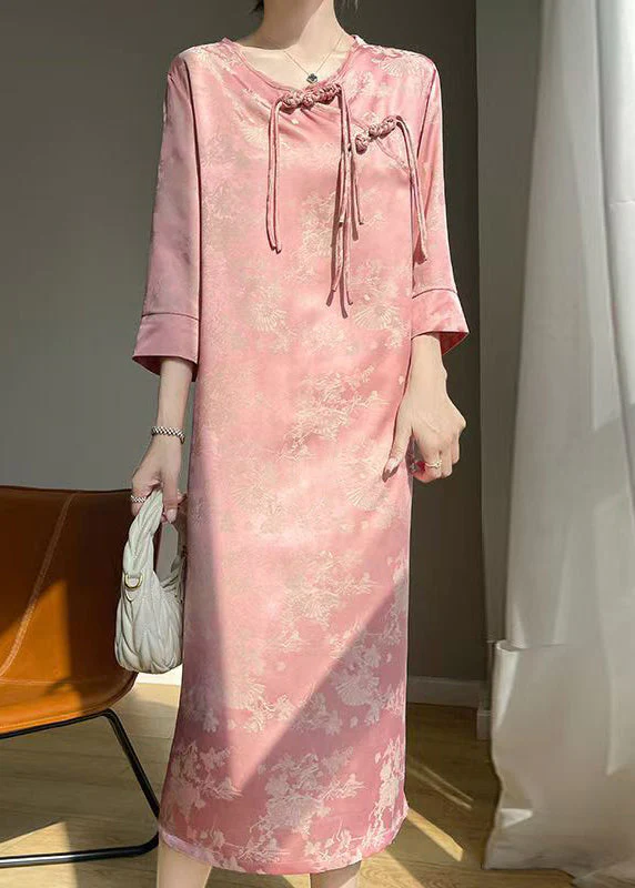 Pink Print Silk Long Dresses O Neck Bracelet Sleeve - Image 3