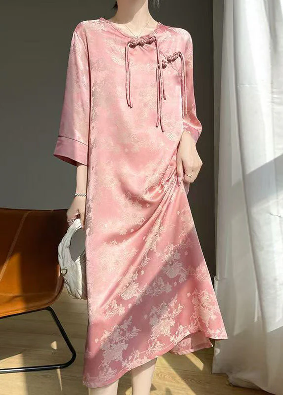 Pink Print Silk Long Dresses O Neck Bracelet Sleeve - Image 4