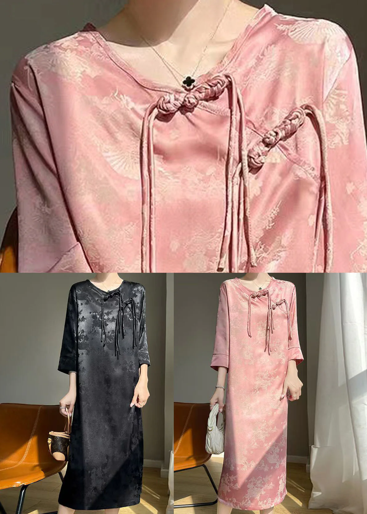 Pink Print Silk Long Dresses O Neck Bracelet Sleeve - Image 5
