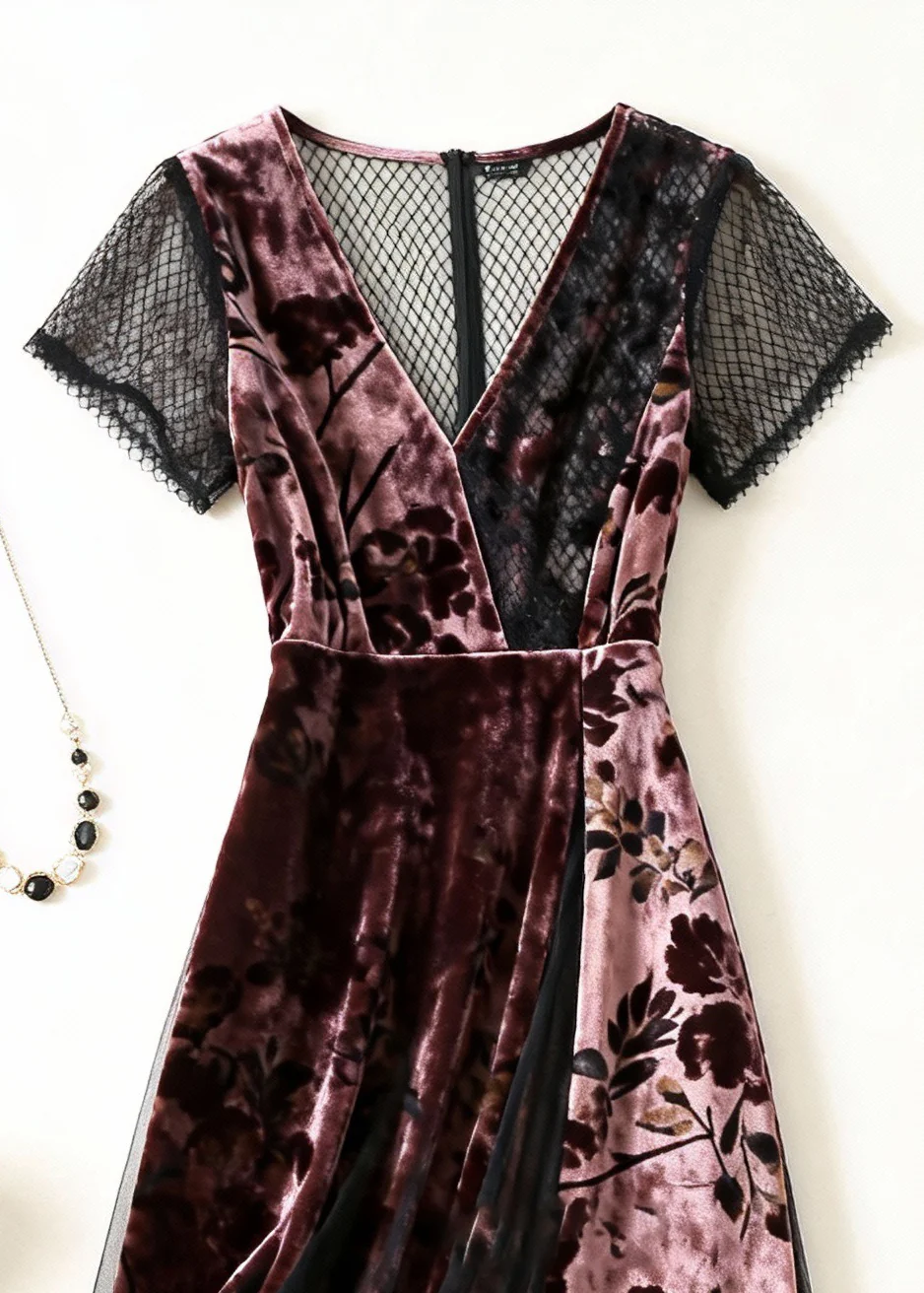 Pink Print Tulle Patchwork Silk Velvet Dress V Neck Summer - Image 2