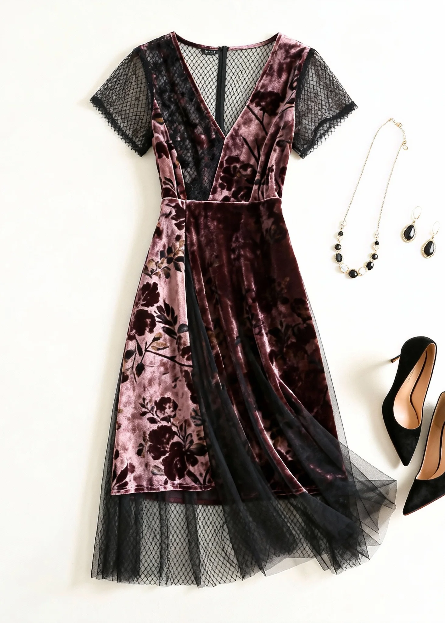 Pink Print Tulle Patchwork Silk Velvet Dress V Neck Summer - Image 3