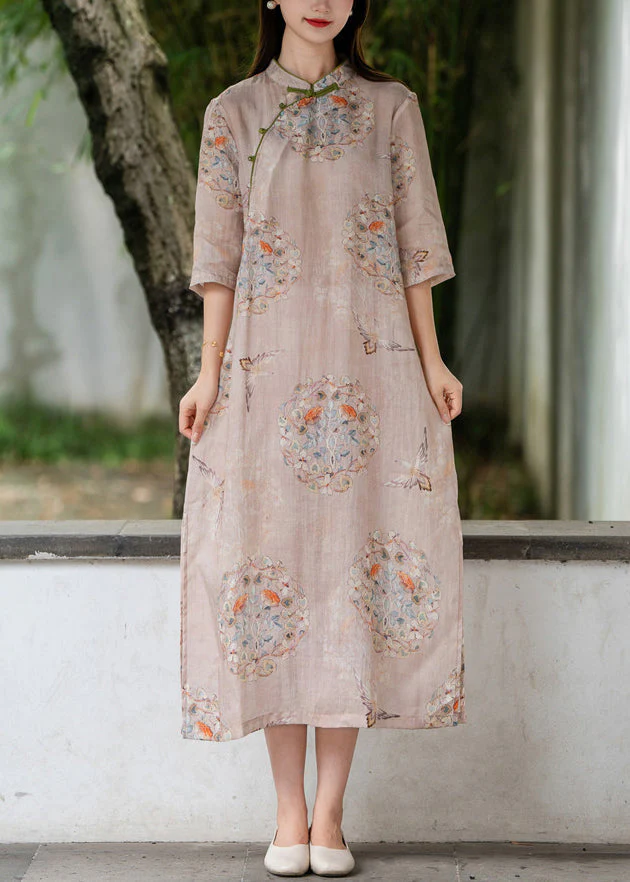 Pink Side Open Print Linen Long Dresses Stand Collar Summer - Image 2