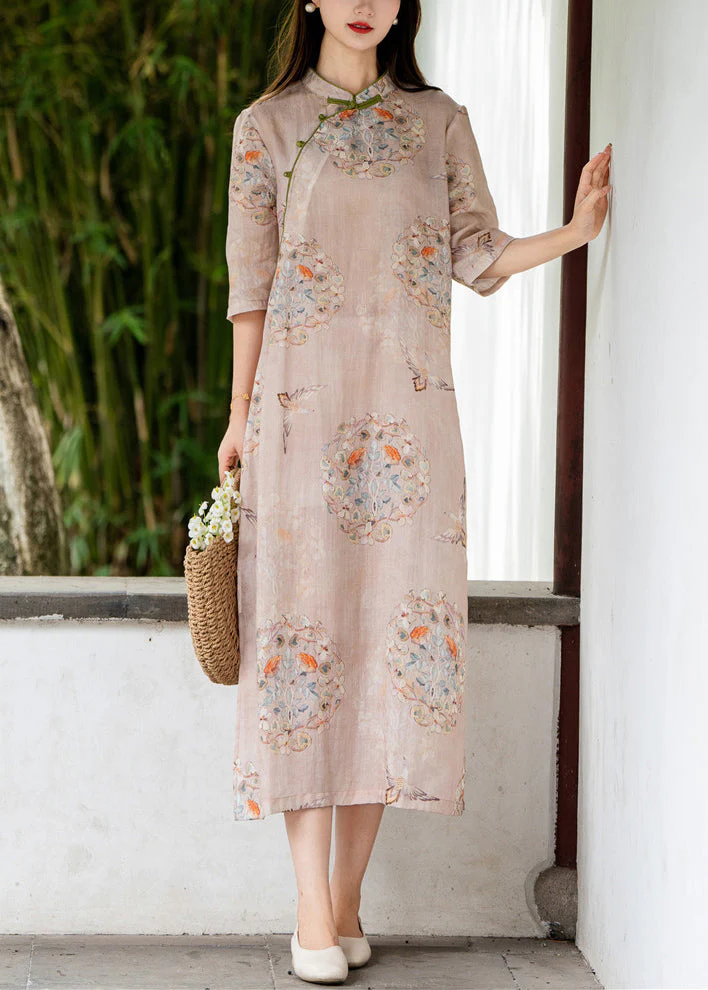 Pink Side Open Print Linen Long Dresses Stand Collar Summer - Image 3