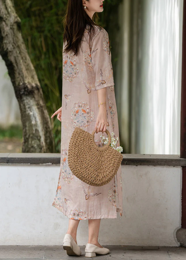 Pink Side Open Print Linen Long Dresses Stand Collar Summer - Image 4