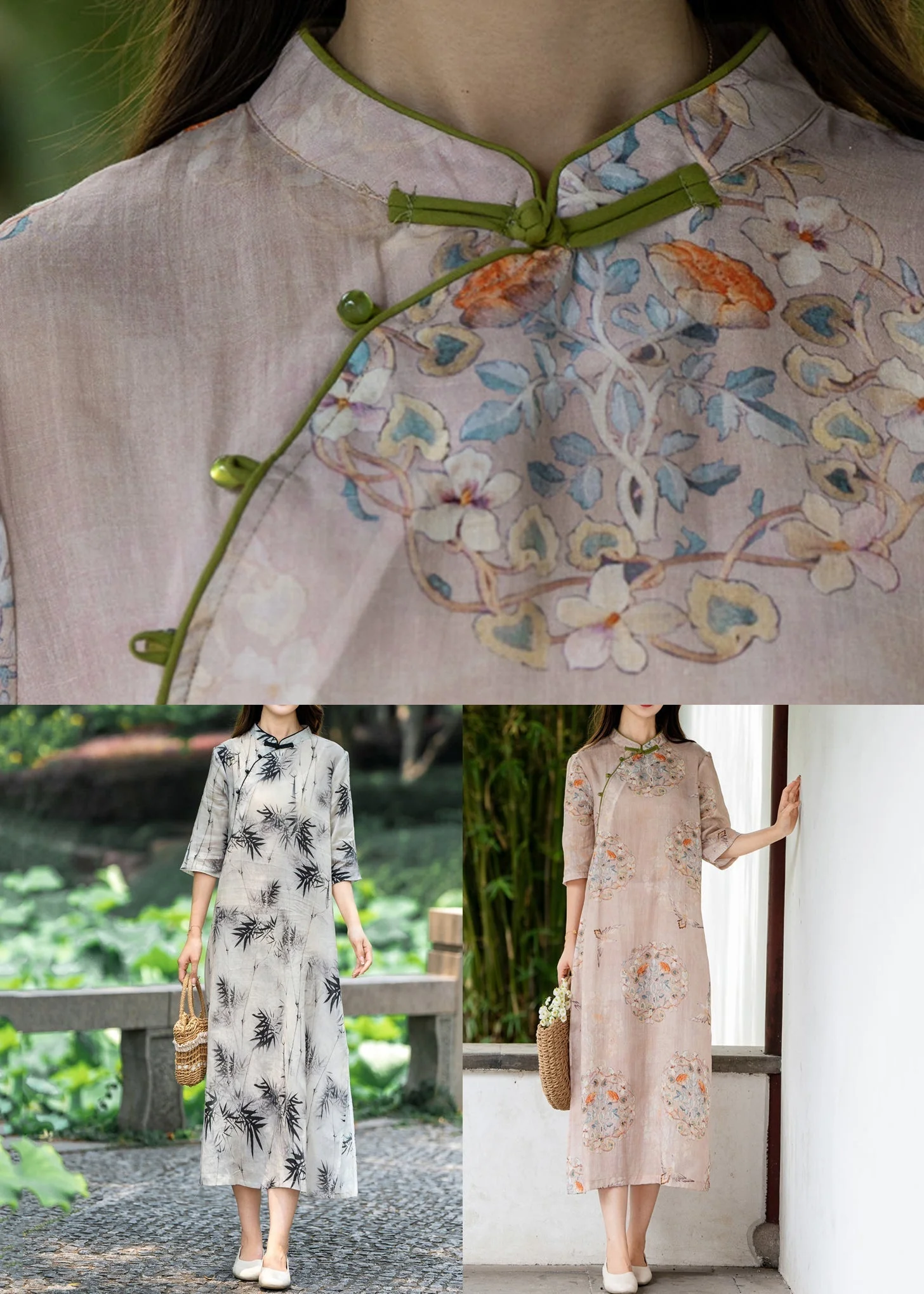 Pink Side Open Print Linen Long Dresses Stand Collar Summer - Image 5