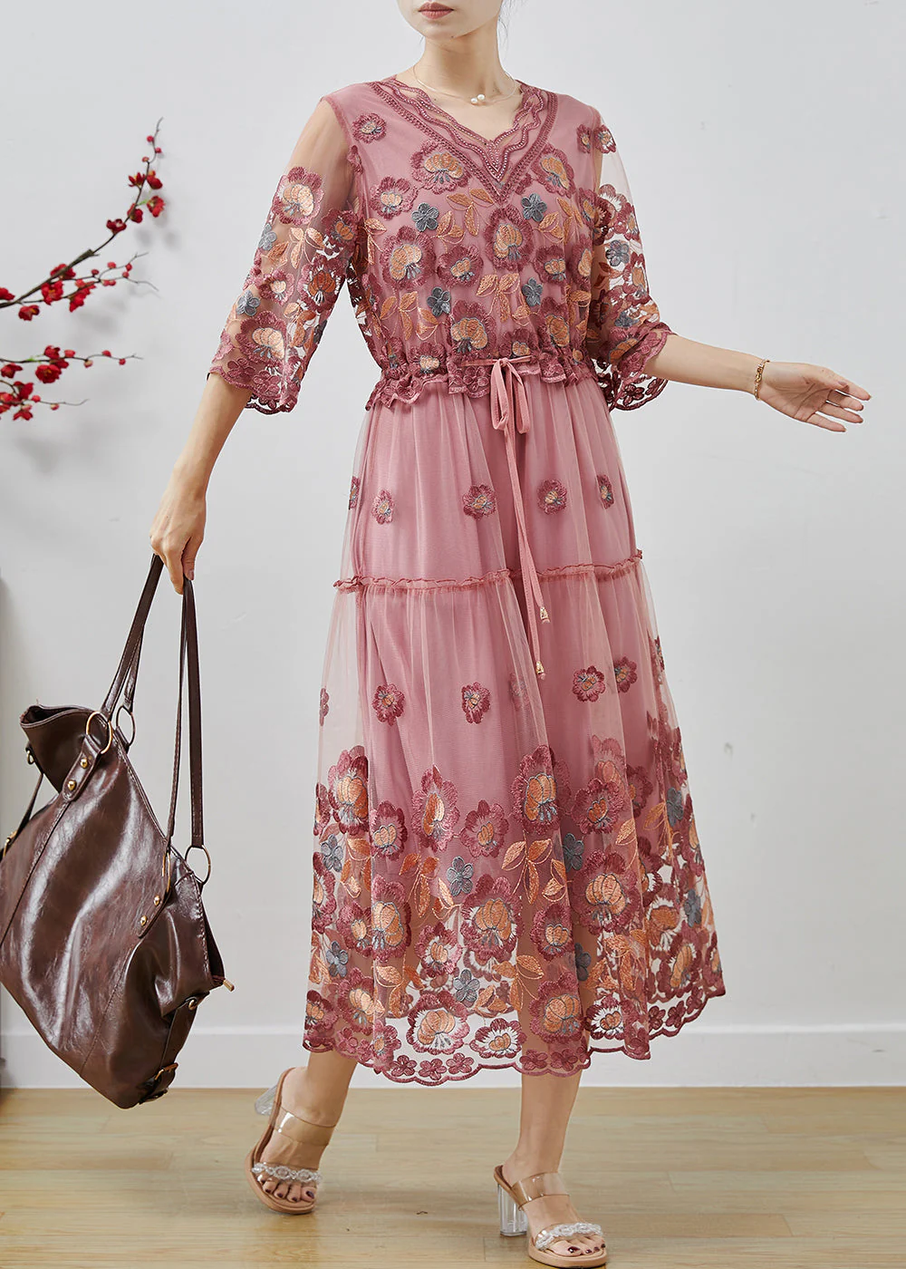 Pink Silm Fit Tulle Holiday Dresses Embroidered Summer - Image 3