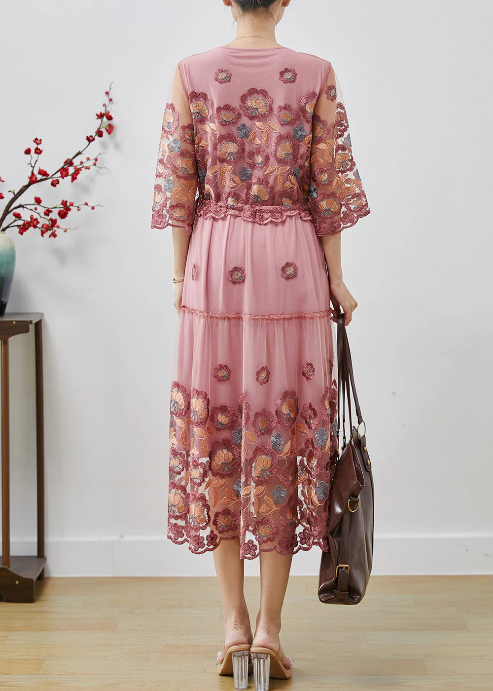 Pink Silm Fit Tulle Holiday Dresses Embroidered Summer - Image 4