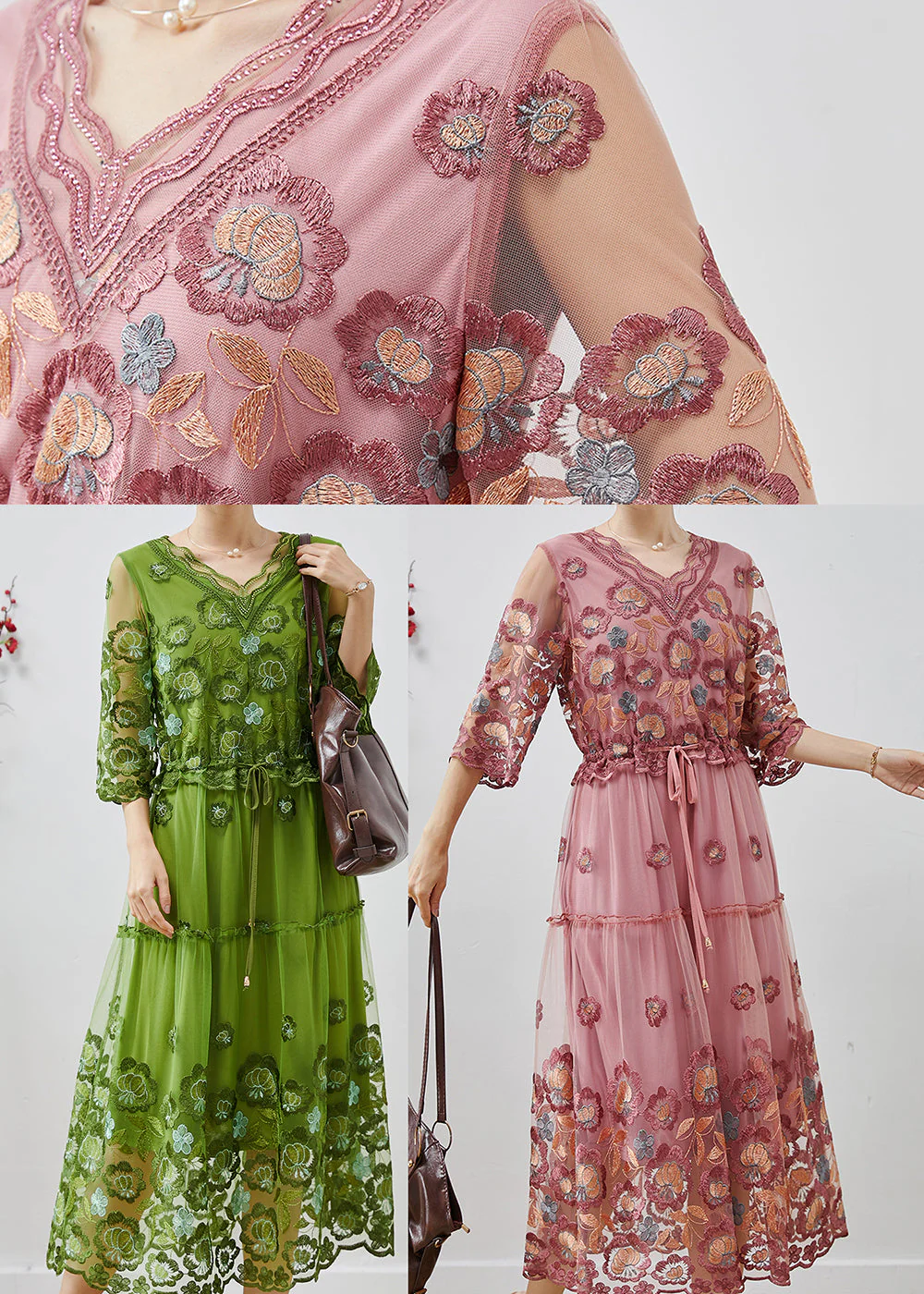Pink Silm Fit Tulle Holiday Dresses Embroidered Summer - Image 5