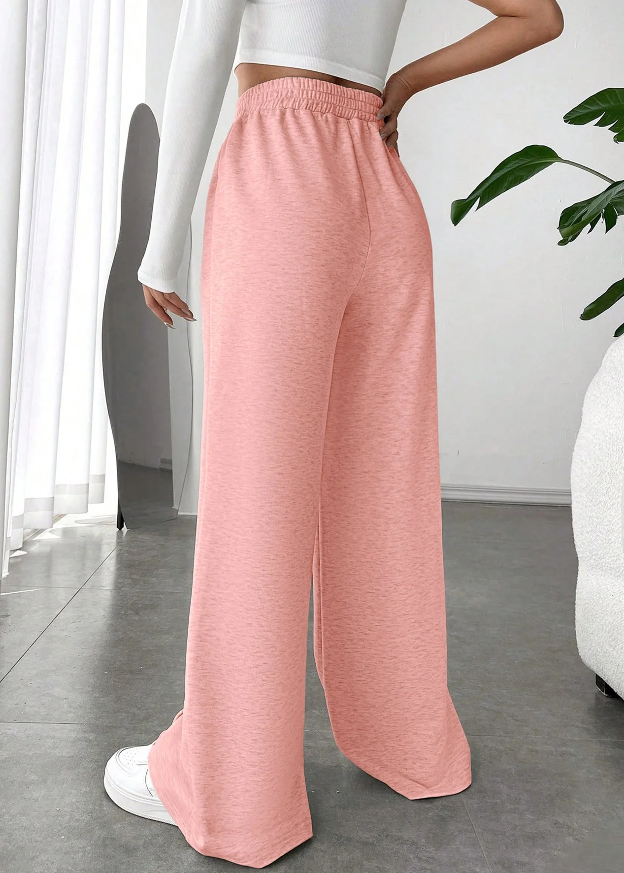 Pink Solid Oversized Casual Cotton Wide Leg Pants Elastic Waist - Image 4