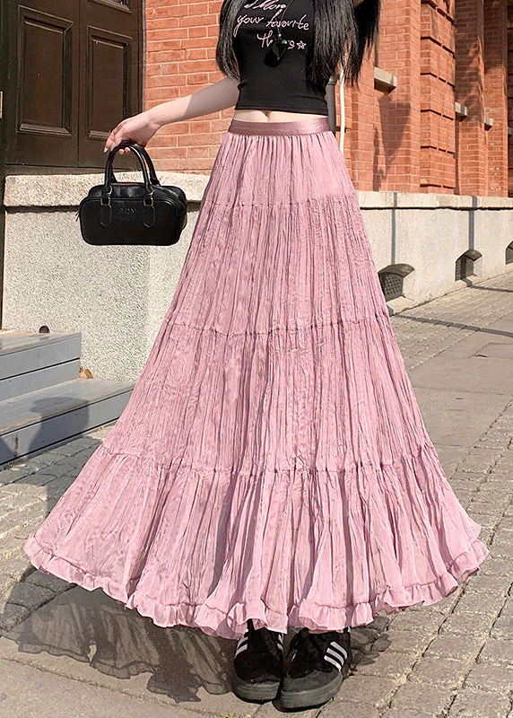 Pink Solid Tulle Pleated Skirt Elastic Waist