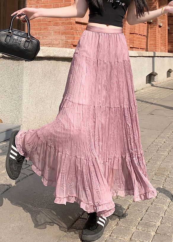 Pink Solid Tulle Pleated Skirt Elastic Waist - Image 3