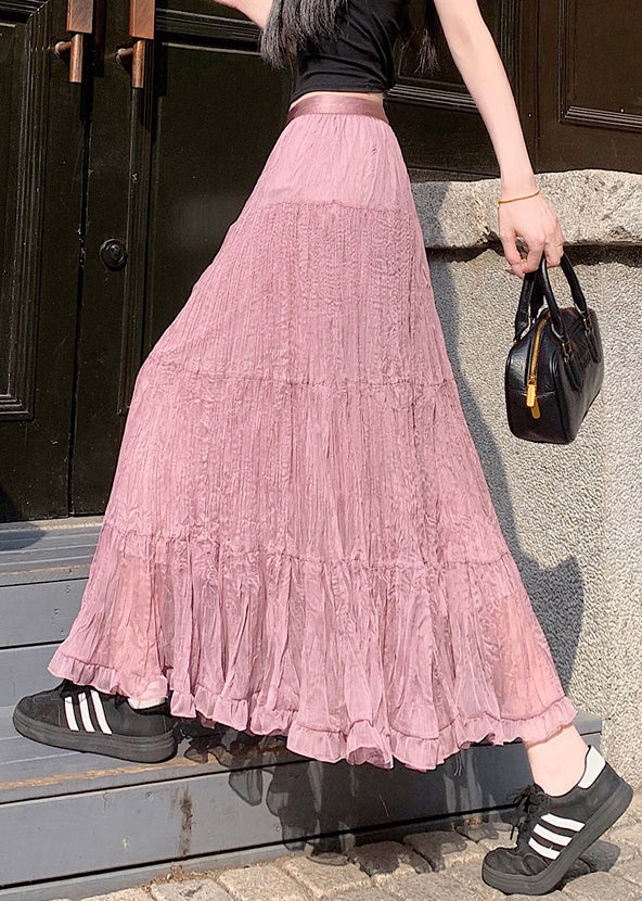 Pink Solid Tulle Pleated Skirt Elastic Waist - Image 4