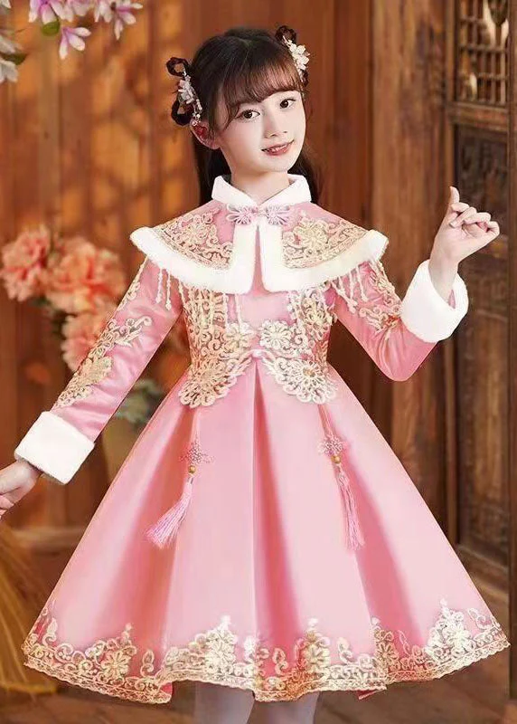 Pink Stand Collar Button Kids Shawl And Dress Two Piece Set Long Sleeve - Image 2
