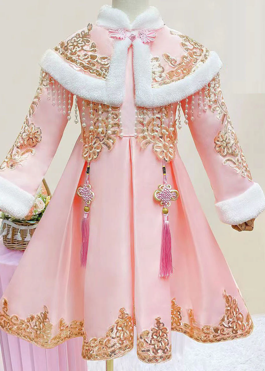 Pink Stand Collar Button Kids Shawl And Dress Two Piece Set Long Sleeve - Image 3