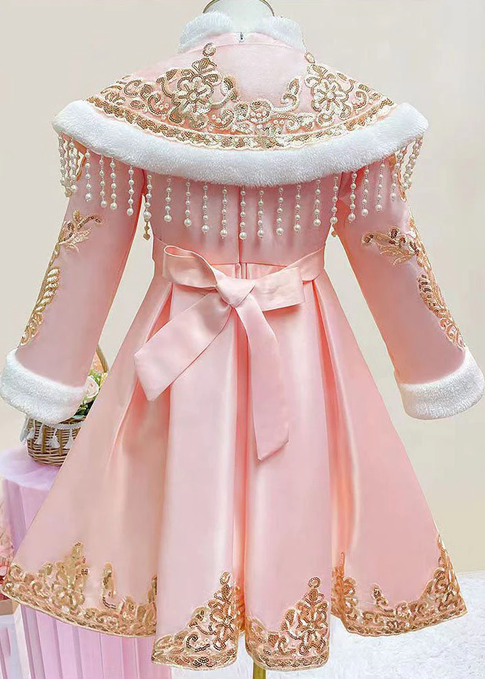 Pink Stand Collar Button Kids Shawl And Dress Two Piece Set Long Sleeve - Image 4