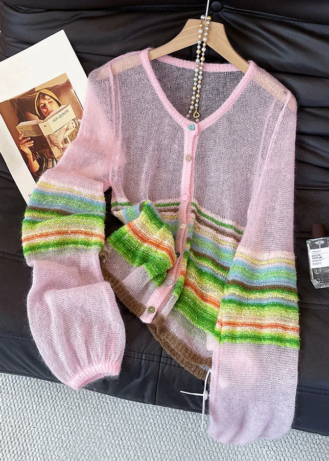 Pink Striped Button Knit Cardigans V Neck Lantern Sleeve - Image 2