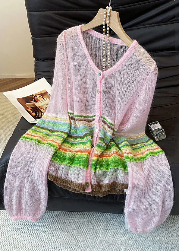 Pink Striped Button Knit Cardigans V Neck Lantern Sleeve - Image 3