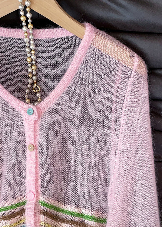 Pink Striped Button Knit Cardigans V Neck Lantern Sleeve - Image 4