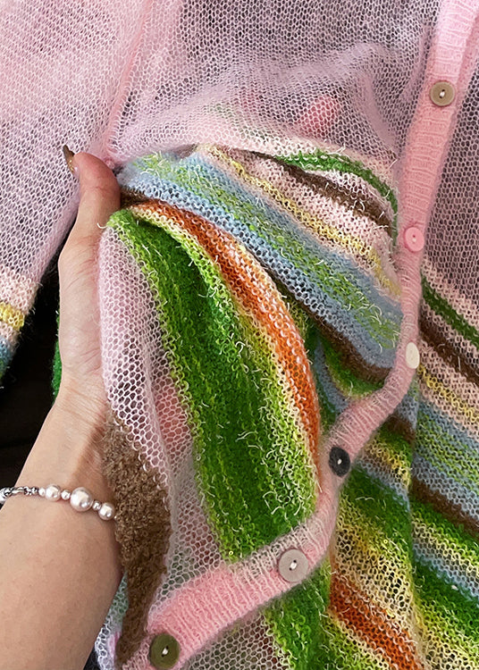 Pink Striped Button Knit Cardigans V Neck Lantern Sleeve - Image 5