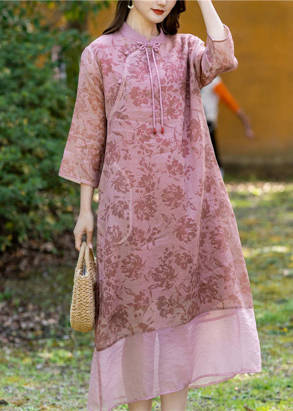 Pink Tassel Button Ramie Maxi Dress Long Sleeve - Image 3
