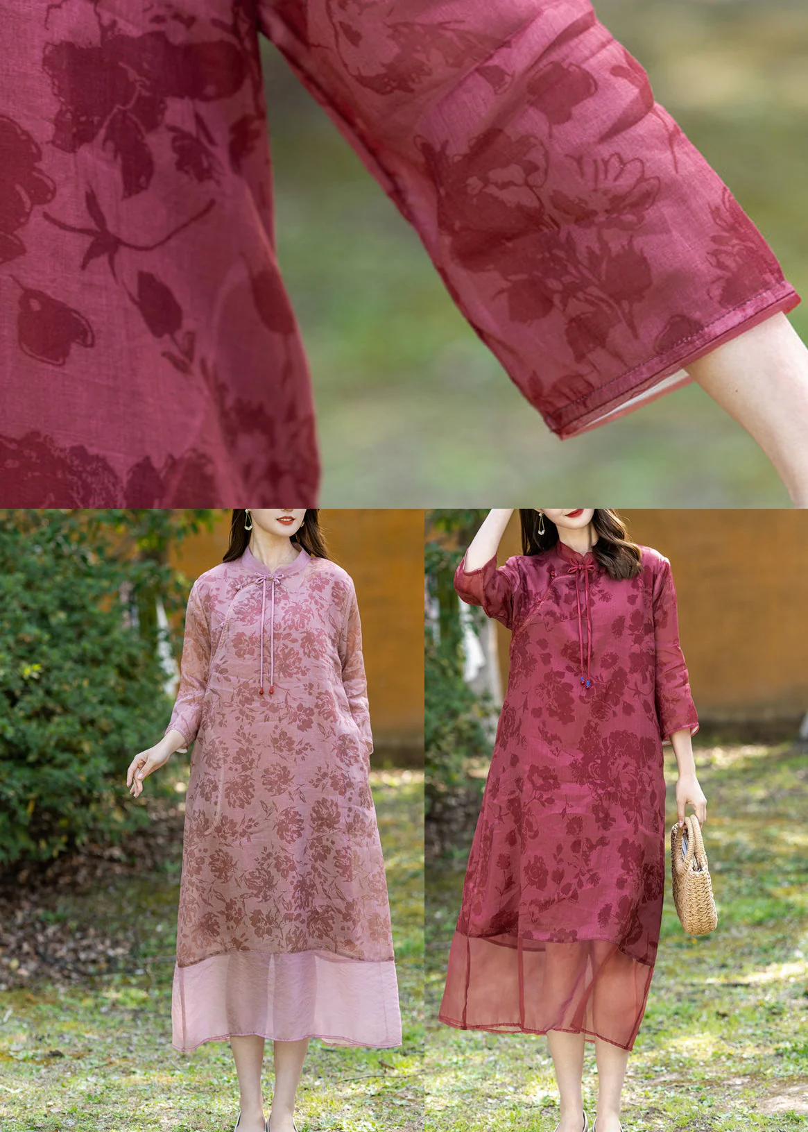 Pink Tassel Button Ramie Maxi Dress Long Sleeve - Image 5