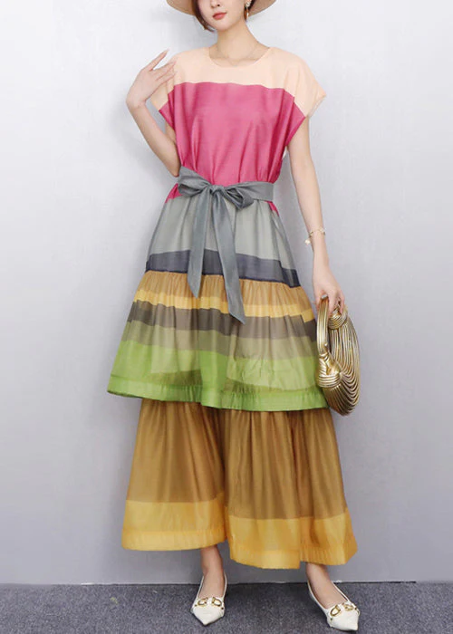 Pink Tie Waist Patchwork Bold Color Cotton Long Dresses O-Neck Summer - Image 2