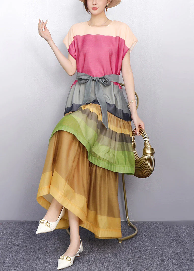 Pink Tie Waist Patchwork Bold Color Cotton Long Dresses O-Neck Summer - Image 3