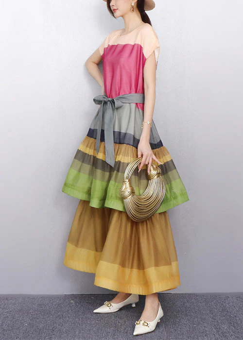 Pink Tie Waist Patchwork Bold Color Cotton Long Dresses O-Neck Summer - Image 4