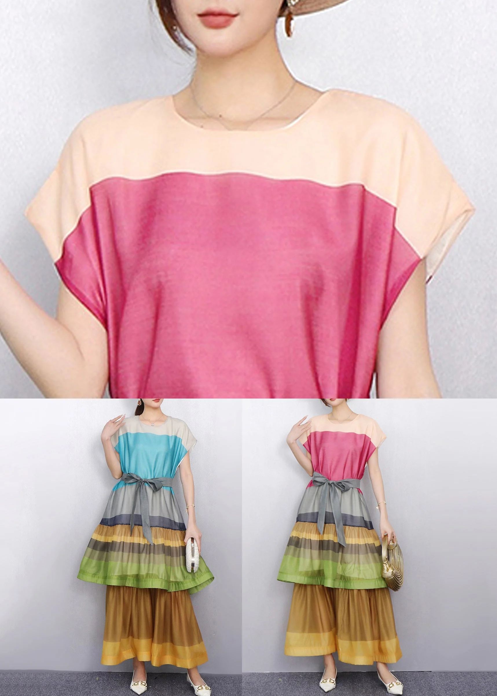 Pink Tie Waist Patchwork Bold Color Cotton Long Dresses O-Neck Summer - Image 5