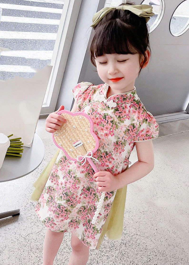 Pink Tulle Patchwork Button Kids Mid Dresses Short Sleeve - Image 2