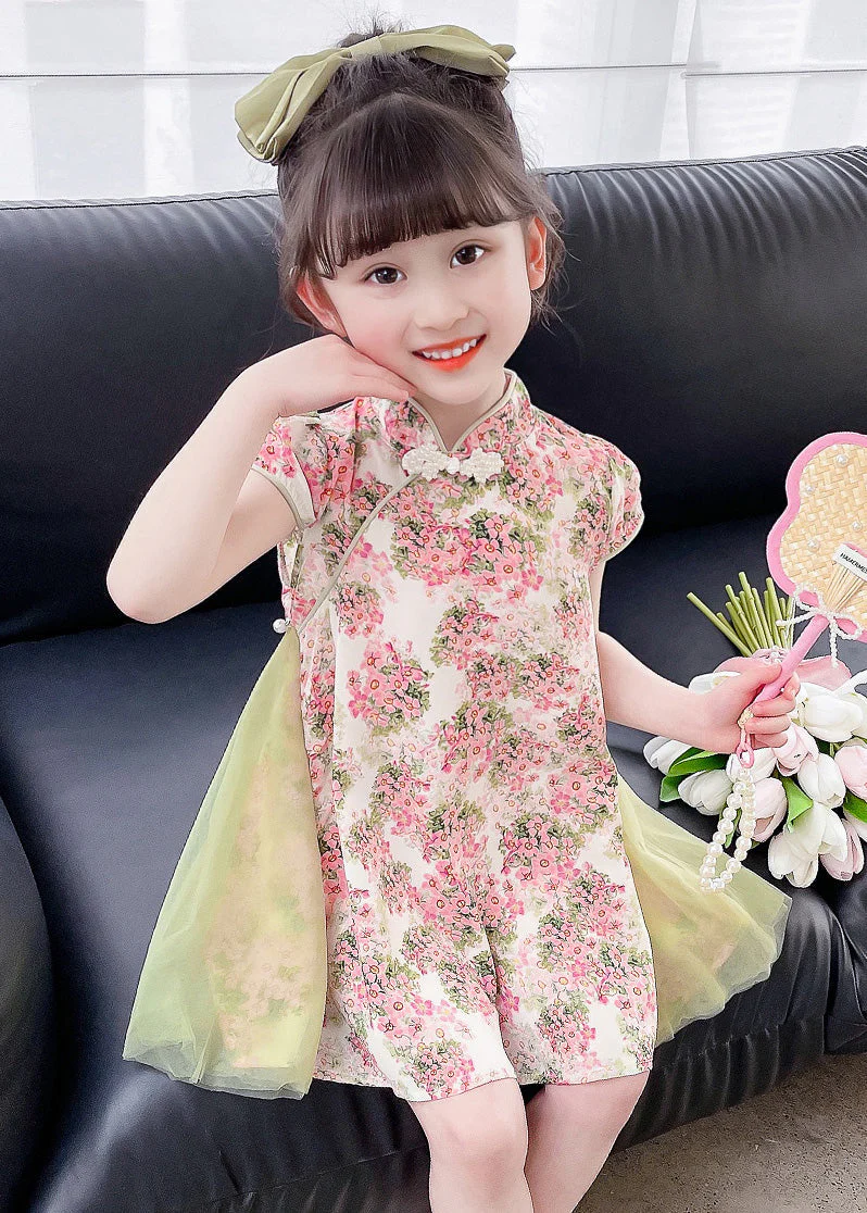 Pink Tulle Patchwork Button Kids Mid Dresses Short Sleeve - Image 3