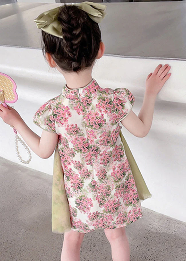Pink Tulle Patchwork Button Kids Mid Dresses Short Sleeve - Image 4