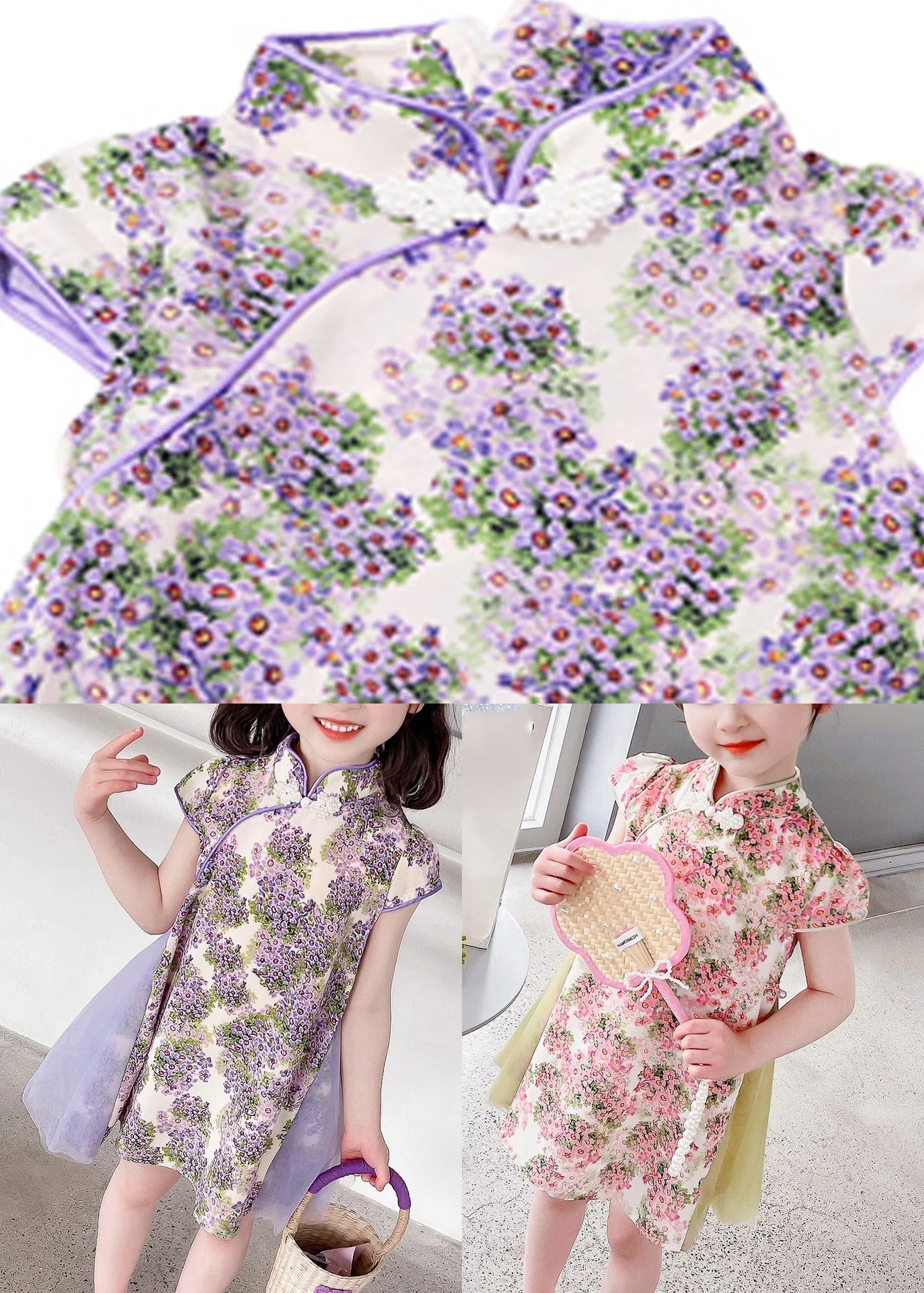 Pink Tulle Patchwork Button Kids Mid Dresses Short Sleeve - Image 5