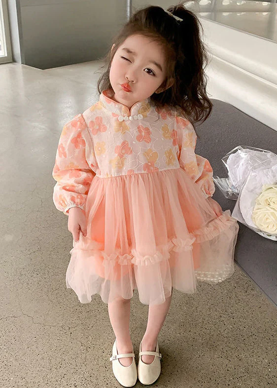 Pink Tulle Patchwork Girls Dress Ruffled Long Sleeve - Image 2