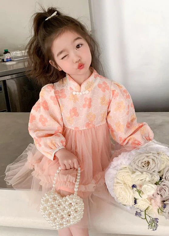 Pink Tulle Patchwork Girls Dress Ruffled Long Sleeve - Image 4