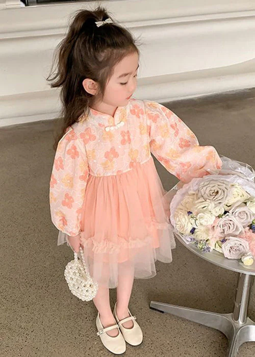 Pink Tulle Patchwork Girls Dress Ruffled Long Sleeve - Image 5