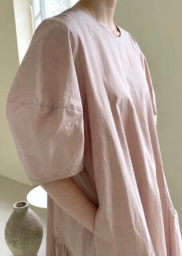 Pink Wrinkled Cozy Long Dresses Short Sleeve - Image 4