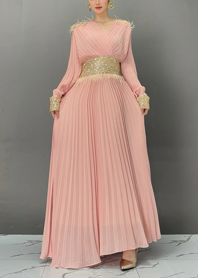 Pink Wrinkled Tunic Solid Holiday Maxi Dress Fall - Image 2