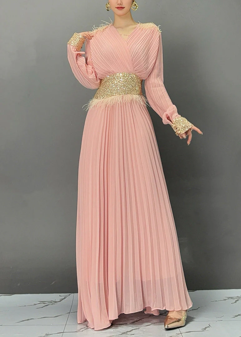 Pink Wrinkled Tunic Solid Holiday Maxi Dress Fall - Image 3