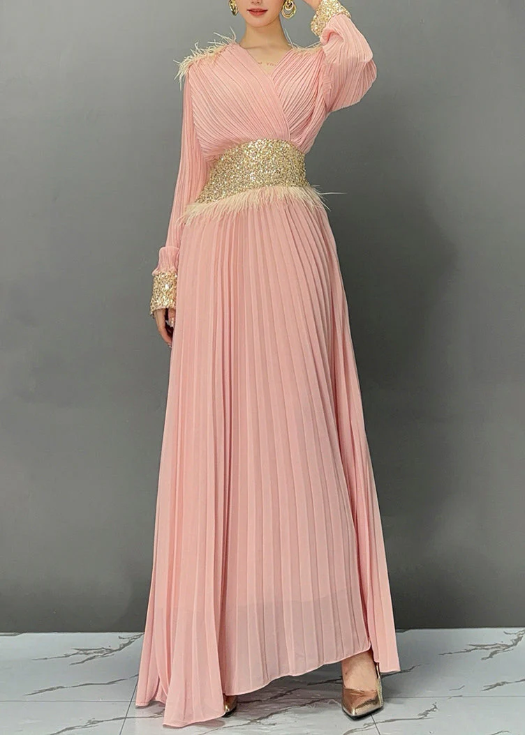 Pink Wrinkled Tunic Solid Holiday Maxi Dress Fall - Image 4