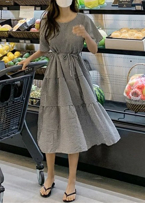 Plaid Knotted Ruffle Round Neck Short Sleeve Casual Maxi Dress - Image 2
