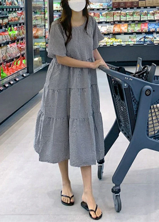 Plaid Knotted Ruffle Round Neck Short Sleeve Casual Maxi Dress - Image 3