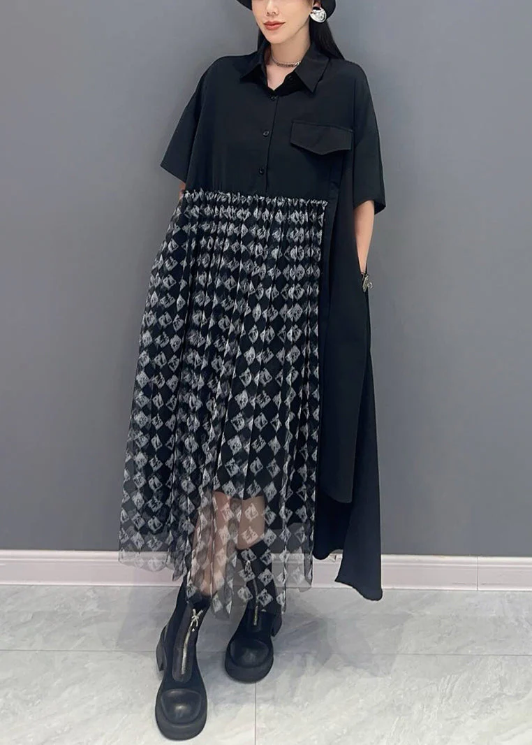 Plaid Pockets Tulle Patchwork Dresses Peter Pan Collar Short Sleeve - Image 2