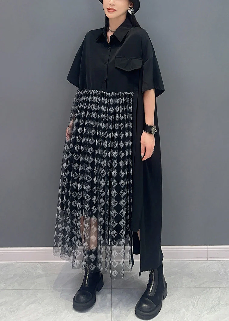 Plaid Pockets Tulle Patchwork Dresses Peter Pan Collar Short Sleeve - Image 3