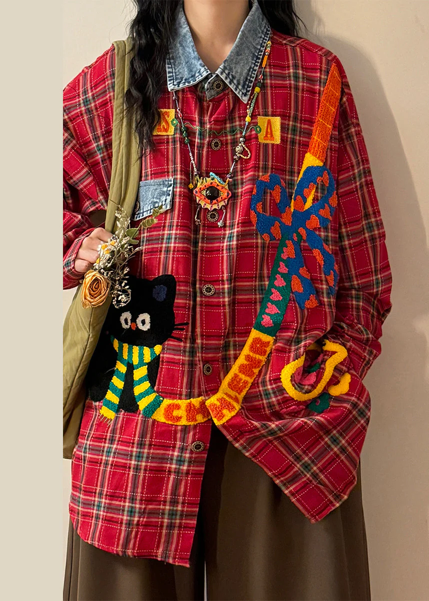 Plaid Red Peter Pan Collar Button Denim Patchwork Shirt Spring - Image 3
