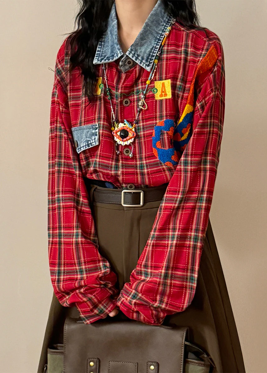 Plaid Red Peter Pan Collar Button Denim Patchwork Shirt Spring - Image 4