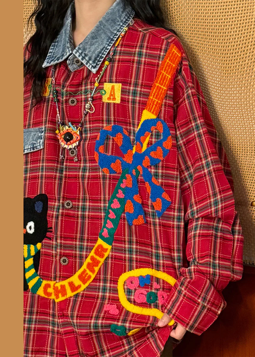 Plaid Red Peter Pan Collar Button Denim Patchwork Shirt Spring - Image 5
