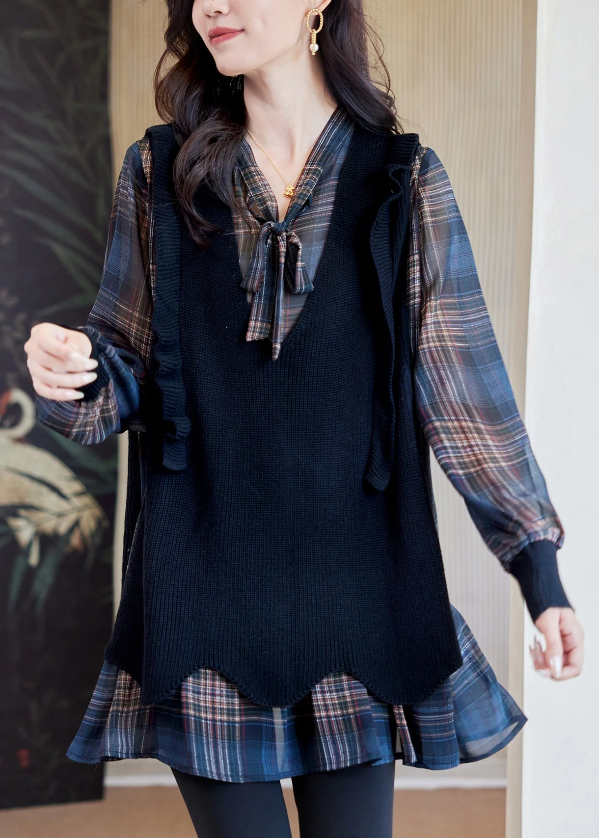 Plaid V Neck Lace Up Knit Patchwork Blouses Fall - Image 3