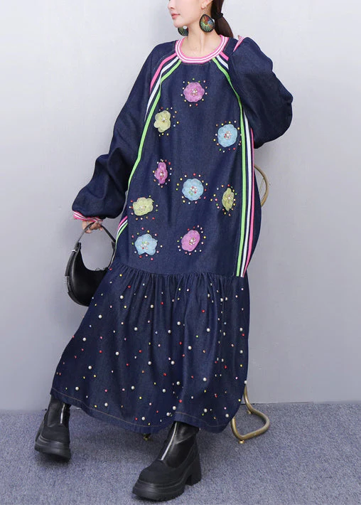 Playful Blue Flower Adorned Denim Long Dress Fall - Image 3